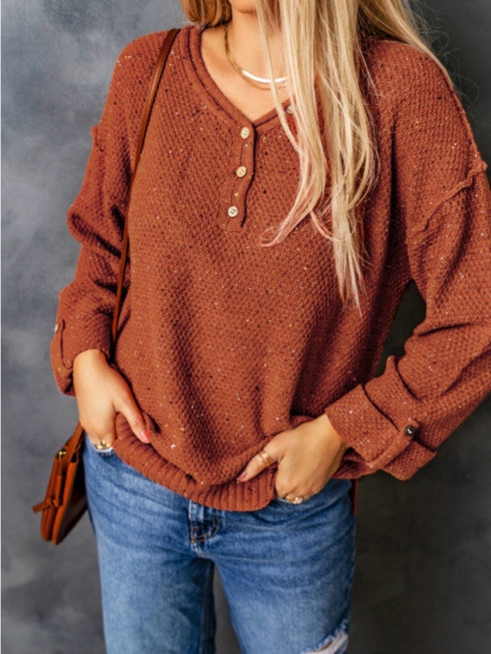 Rust Brown V-Neck Henley Sweater